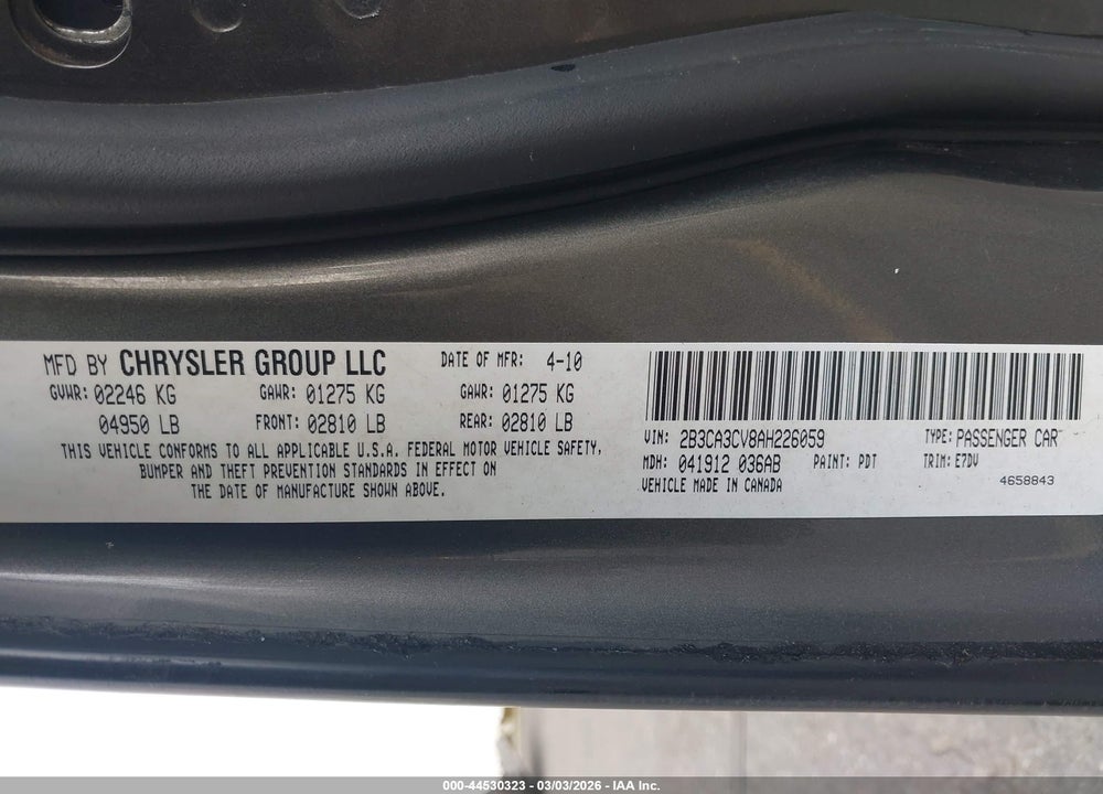 2010 DODGE CHARGER SXT VIN: 2B3CA3CV8AH226059