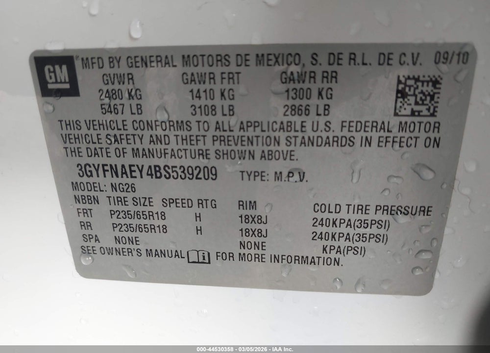 2011 CADILLAC SRX LUXURY COLLECTION VIN: 3GYFNAEY4BS539209