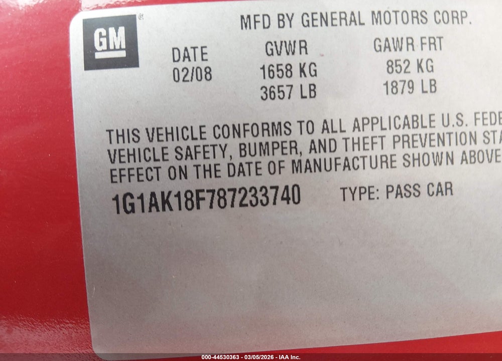 2008 CHEVROLET COBALT LS VIN: 1G1AK18F787233740