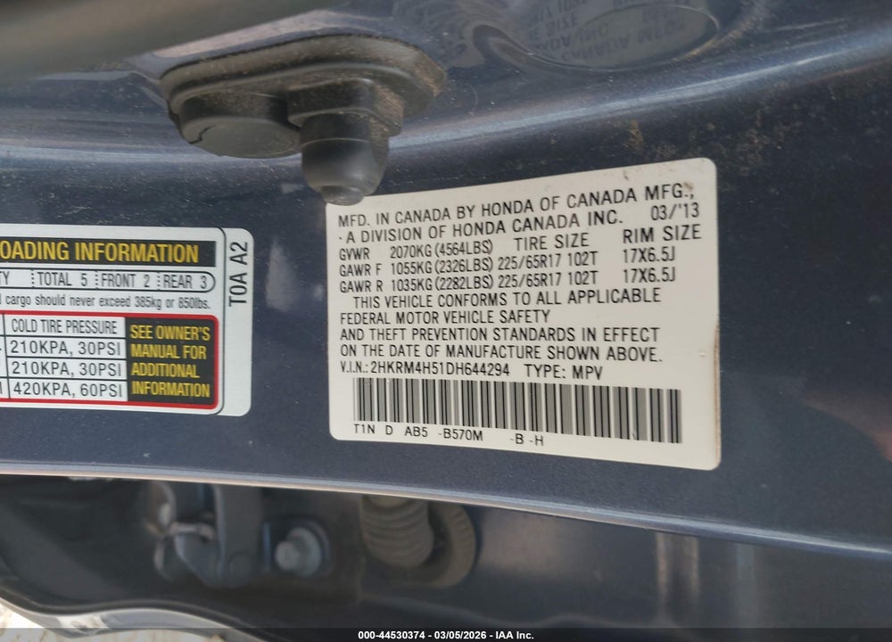 2013 HONDA CR-V EX VIN: 2HKRM4H51DH644294