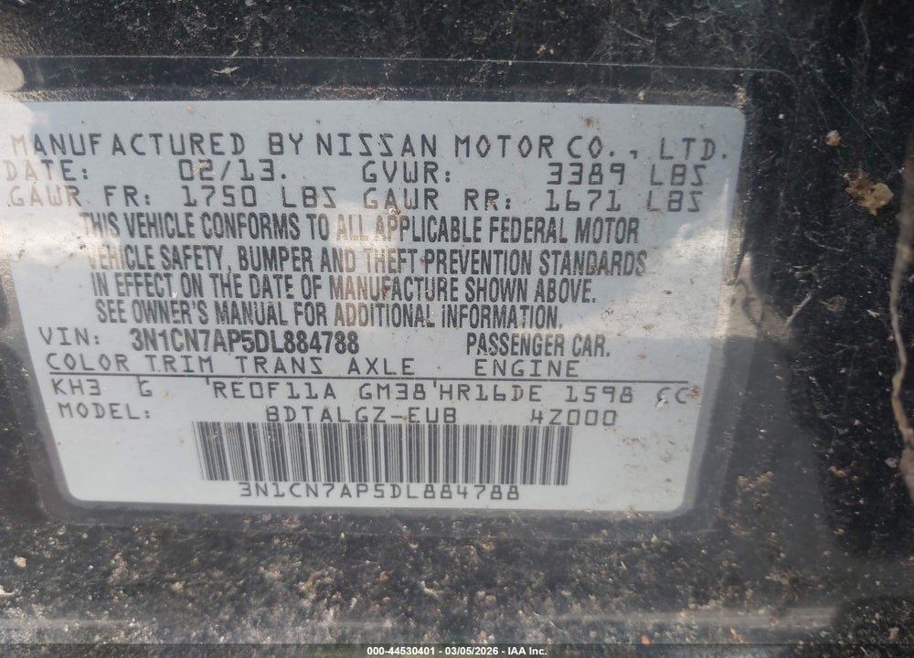 2013 NISSAN VERSA 1.6 SL VIN: 3N1CN7AP5DL884788