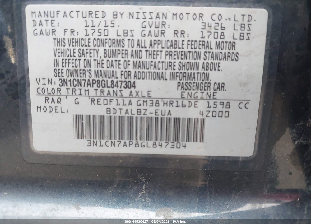 2016 NISSAN VERSA 1.6 SV VIN: 3N1CN7AP8GL847304