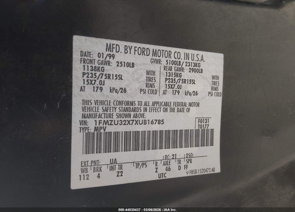 1999 FORD EXPLORER XL/XLT VIN: 1FMZU32X7XUB16785