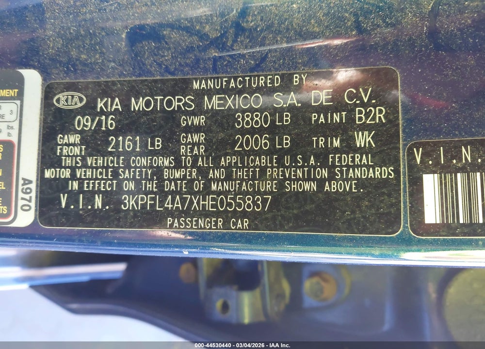 2017 KIA FORTE S VIN: 3KPFL4A7XHE055837