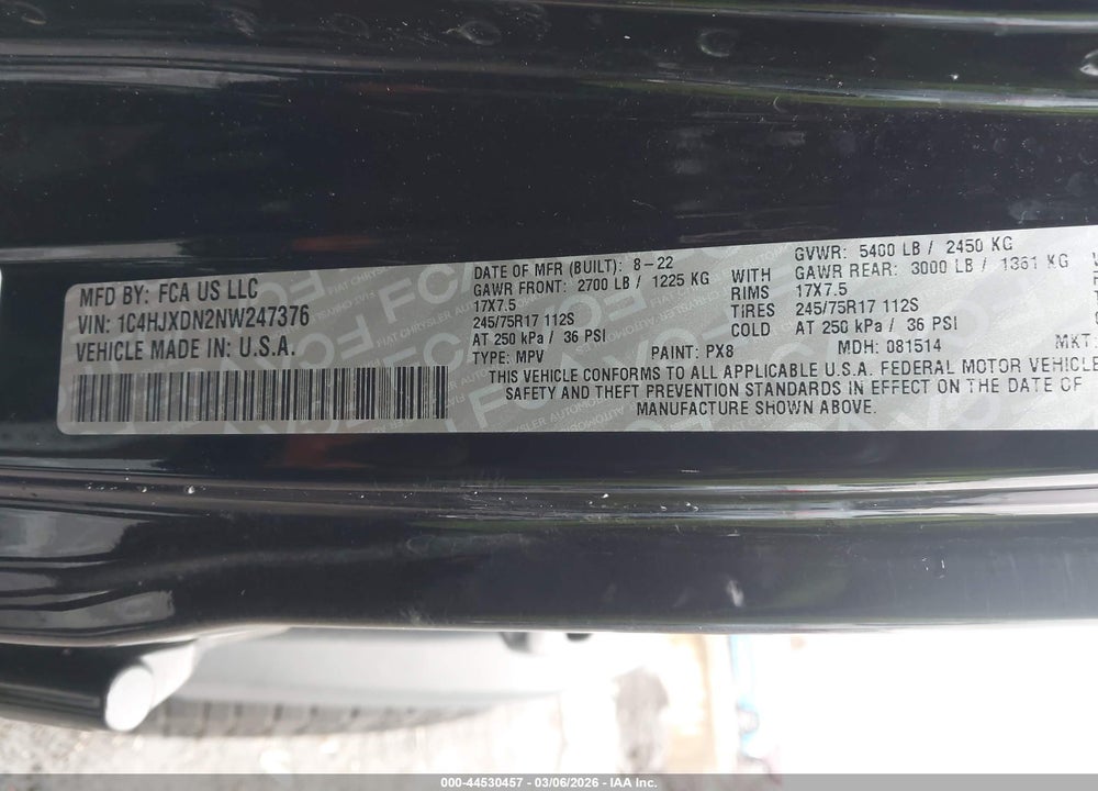 2022 JEEP WRANGLER UNLIMITED SPORT 4X4 VIN: 1C4HJXDN2NW247376