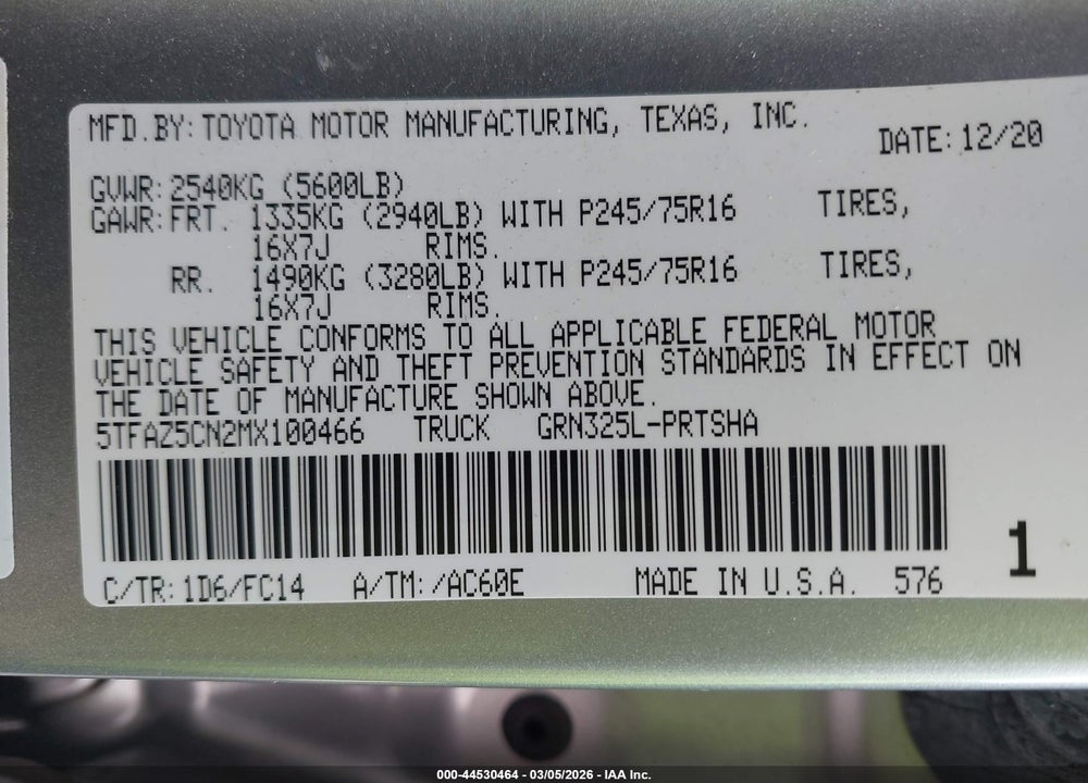 2021 TOYOTA TACOMA SR5 V6 VIN: 5TFAZ5CN2MX100466