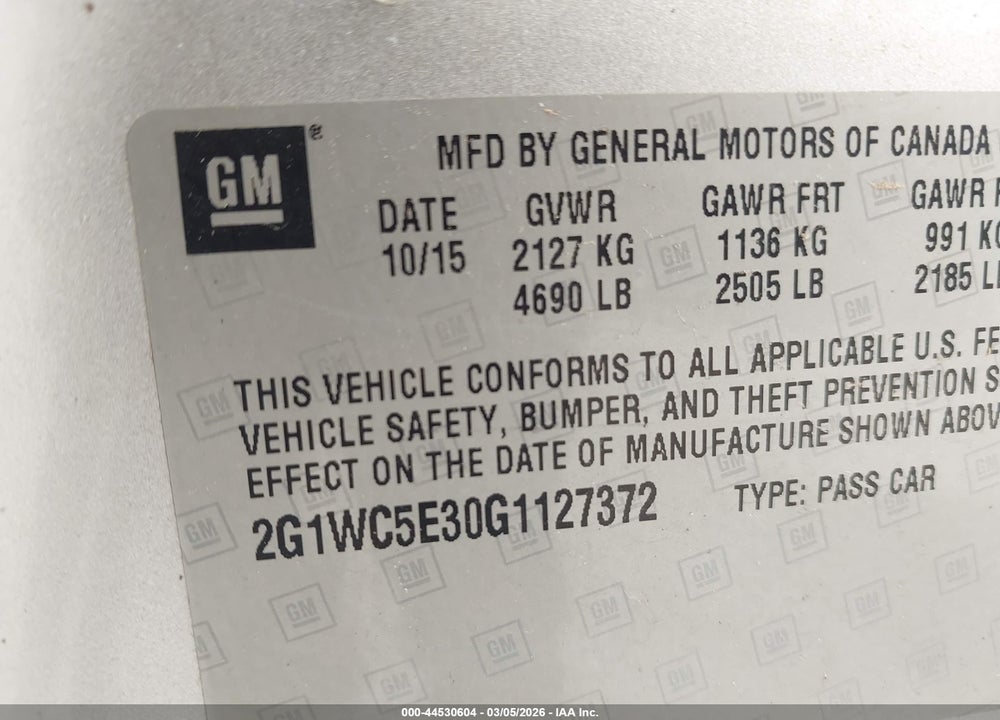 2016 CHEVROLET IMPALA LIMITED LTZ VIN: 2G1WC5E30G1127372