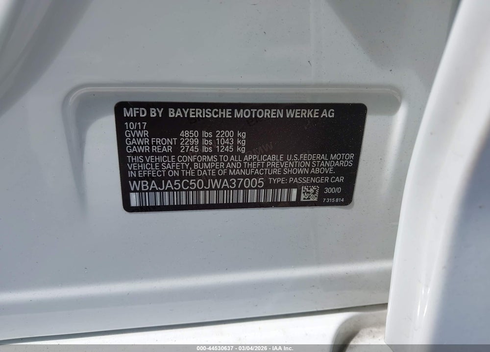 2018 BMW 530I VIN: WBAJA5C50JWA37005