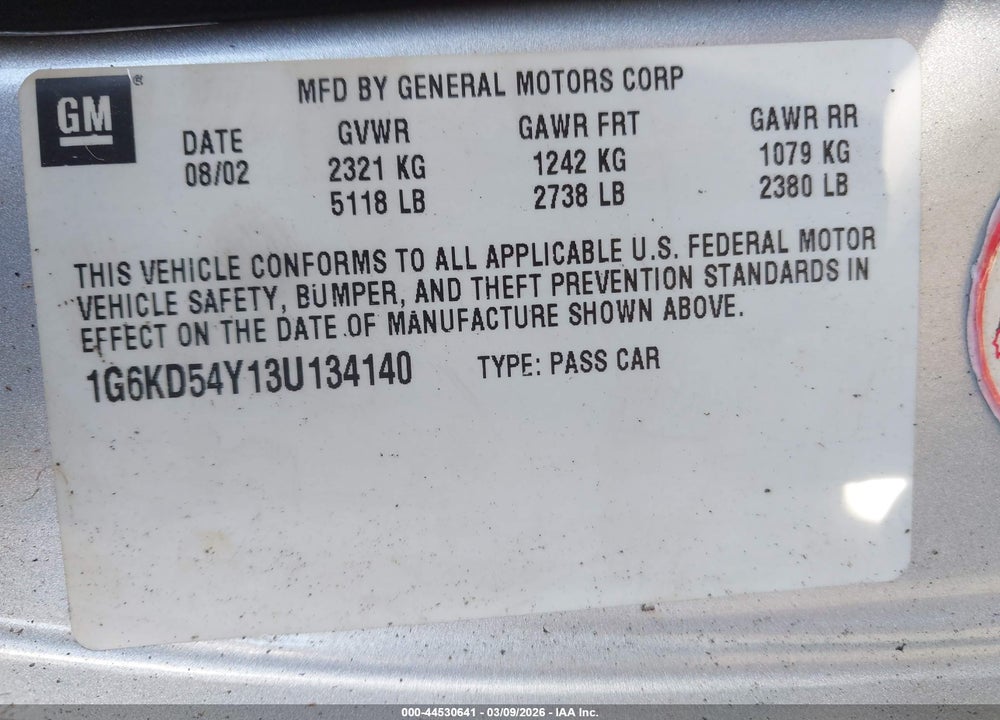 2003 CADILLAC DEVILLE STANDARD VIN: 1G6KD54Y13U134140