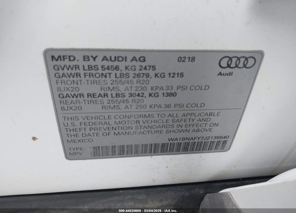2018 AUDI Q5 2.0T PREMIUM/2.0T TECH PREMIUM VIN: WA1BNAFY7J2135540