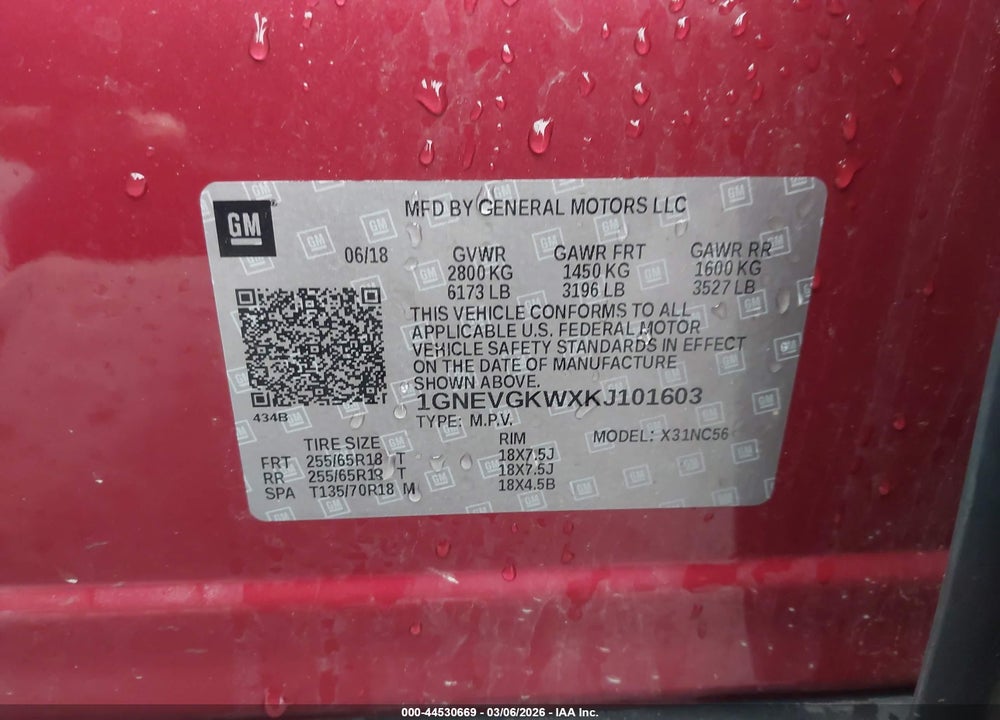 2019 CHEVROLET TRAVERSE 1LT VIN: 1GNEVGKWXKJ101603