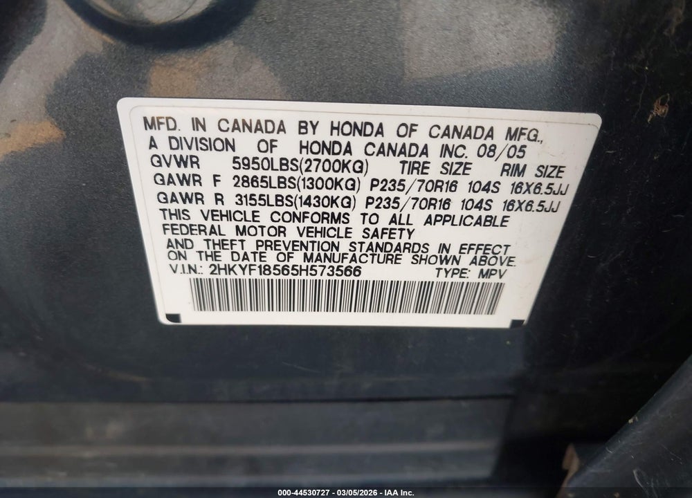 2005 HONDA PILOT EX-L VIN: 2HKYF18565H573566