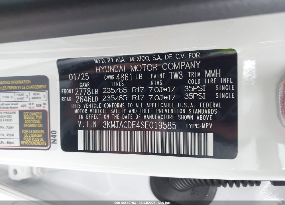 2025 HYUNDAI TUCSON SE VIN: 3KMJACDE4SE019585