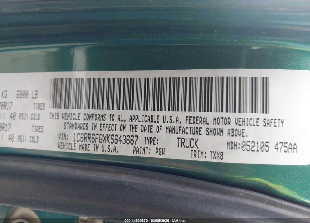 2019 RAM 1500 CLASSIC TRADESMAN  4X2 6'4 BOX VIN: 1C6RR6FGXKS643667