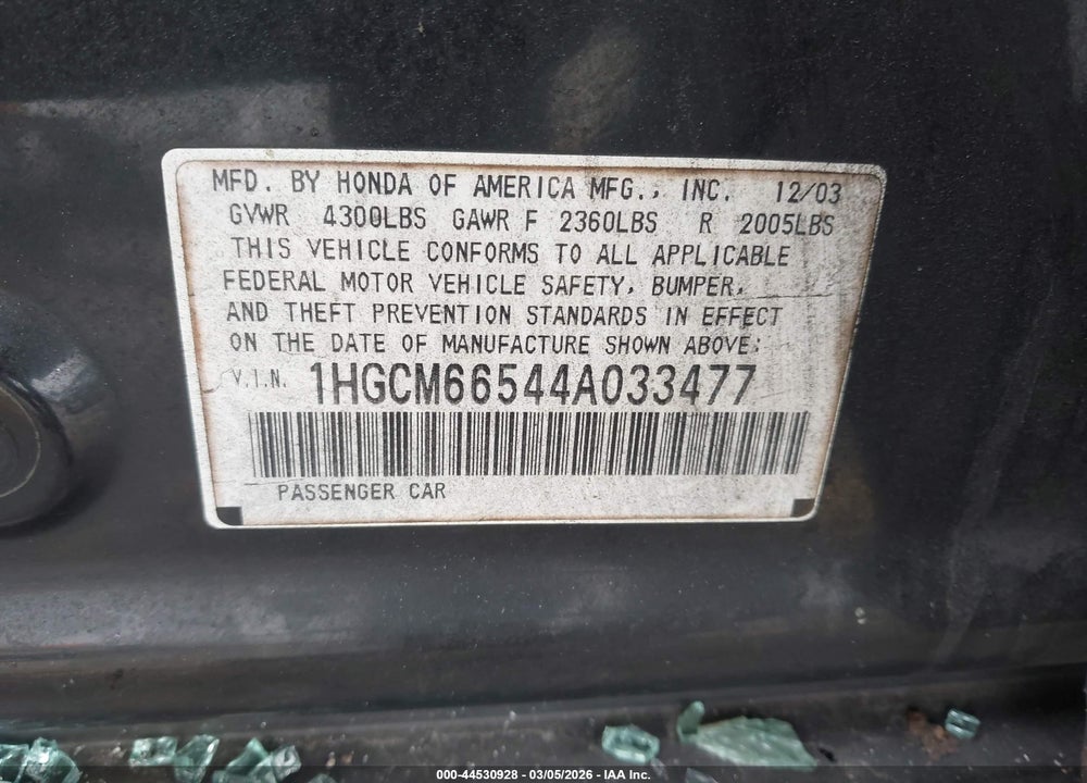 2004 HONDA ACCORD 3.0 EX VIN: 1HGCM66544A033477