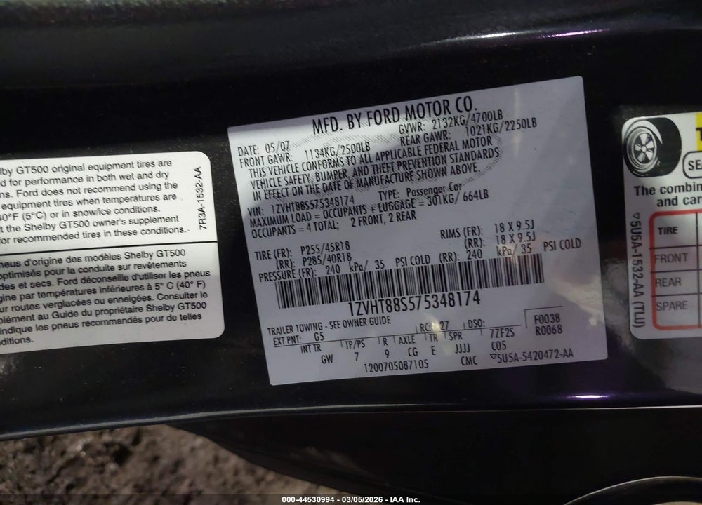 2007 FORD SHELBY GT500 VIN: 1ZVHT88S575348174