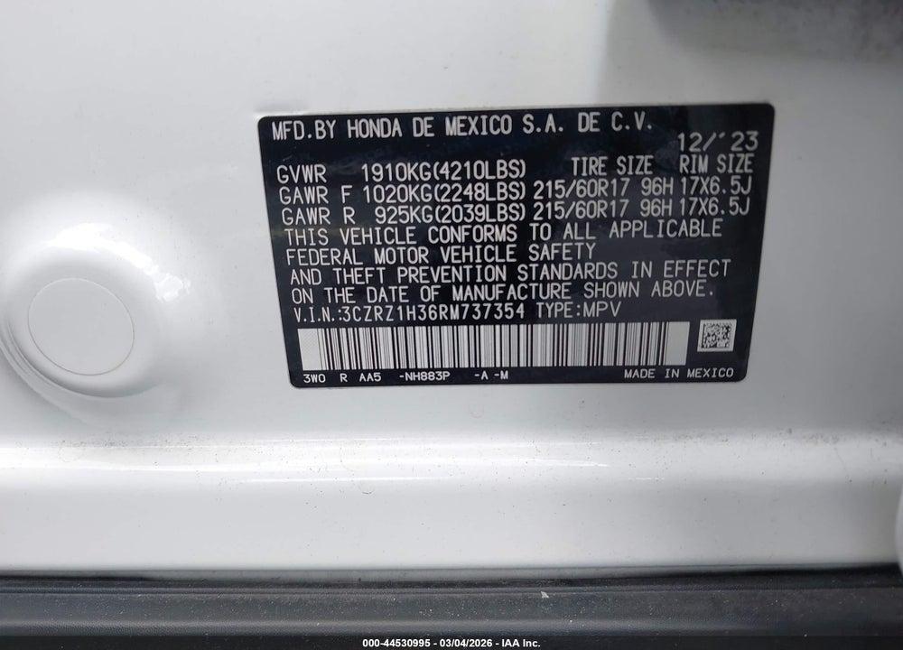 2024 HONDA HR-V 2WD LX VIN: 3CZRZ1H36RM737354