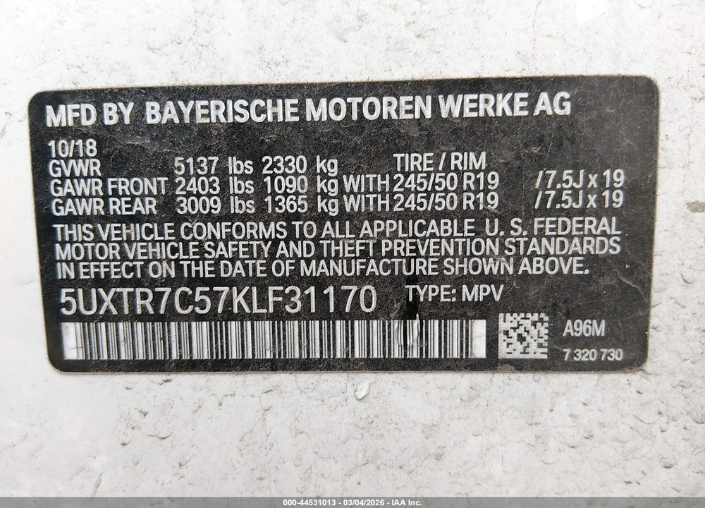 2019 BMW X3 SDRIVE30I VIN: 5UXTR7C57KLF31170