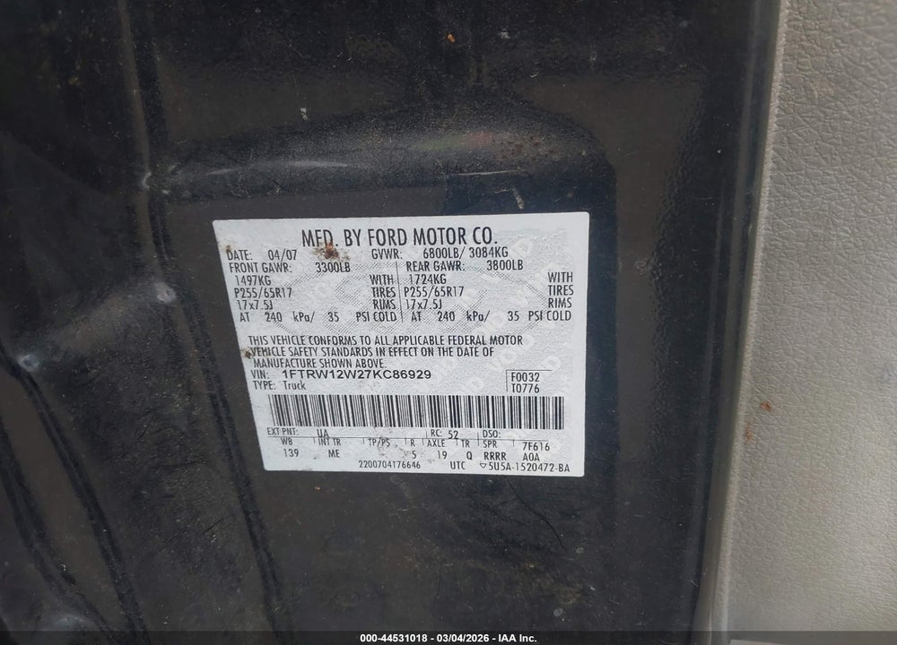 2007 FORD F-150 XLT VIN: 1FTRW12W27KC86929