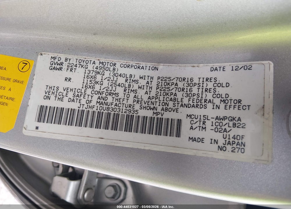 2003 LEXUS RX 300 VIN: JTJHF10U830312935