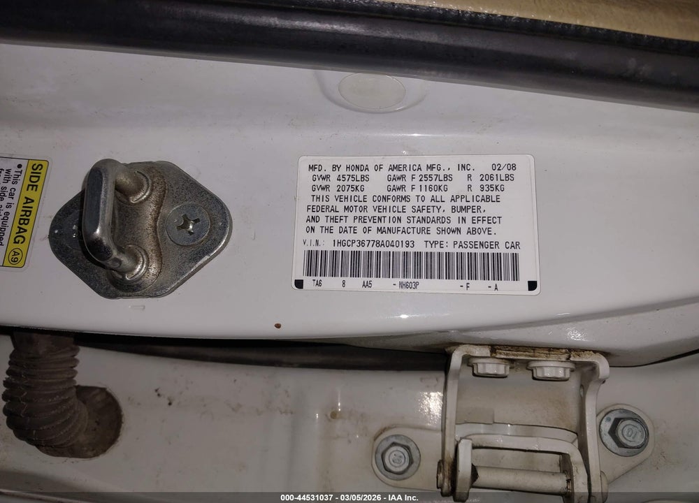 2008 HONDA ACCORD 3.5 EX VIN: 1HGCP36778A040193