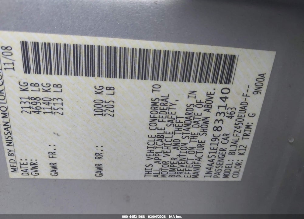 2009 NISSAN MAXIMA 3.5 SV VIN: 1N4AA51E19C833140