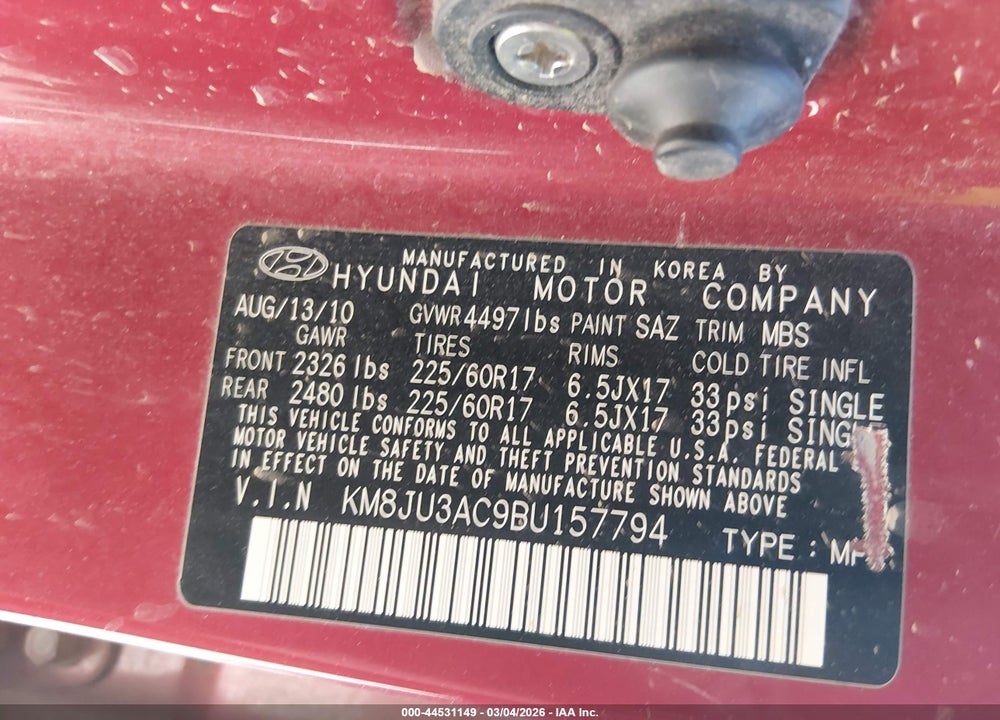 2011 HYUNDAI TUCSON GLS VIN: KM8JU3AC9BU157794
