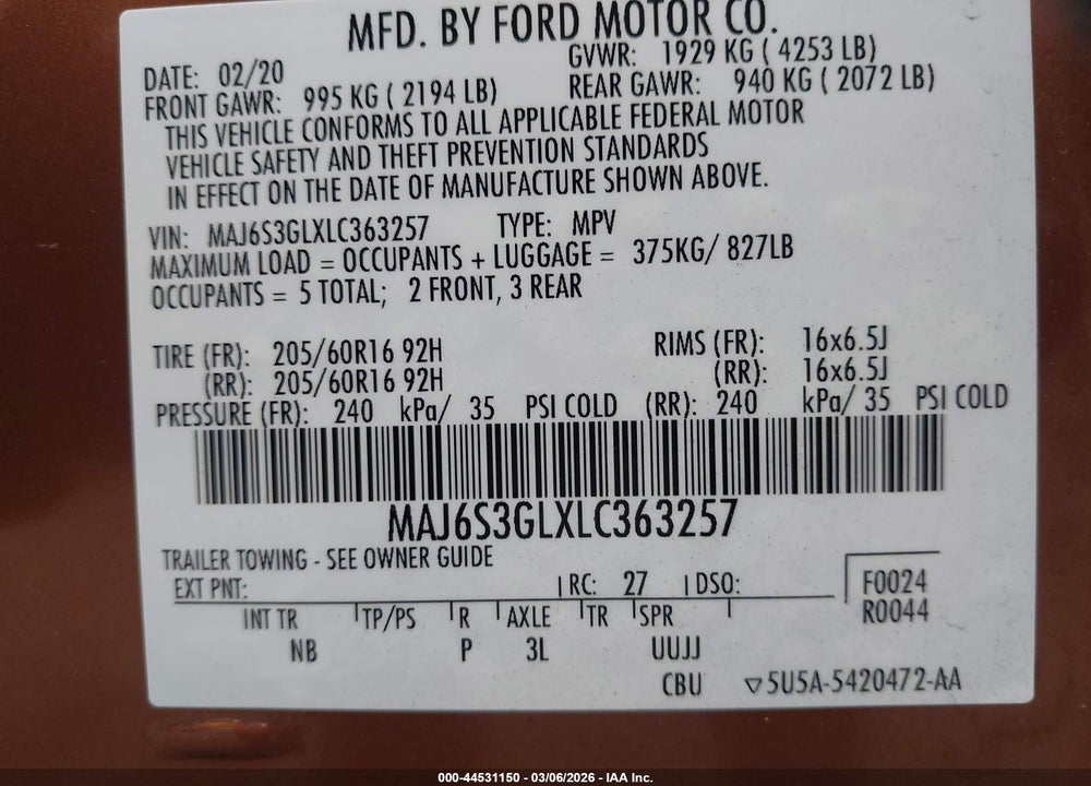 2020 FORD ECOSPORT SE VIN: MAJ6S3GLXLC363257