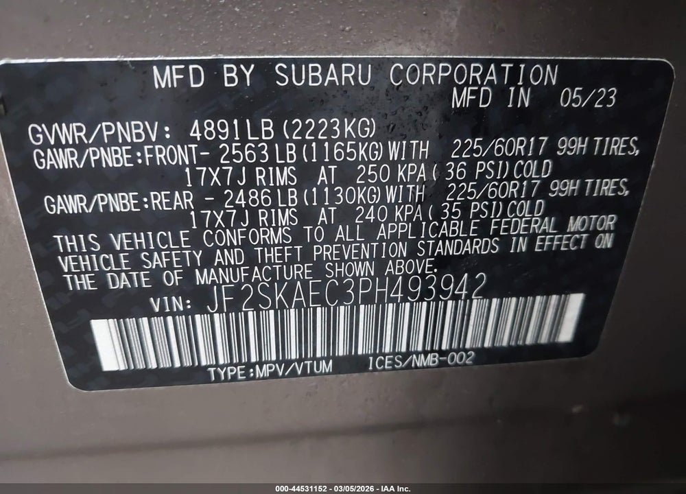 2023 SUBARU FORESTER PREMIUM VIN: JF2SKAEC3PH493942