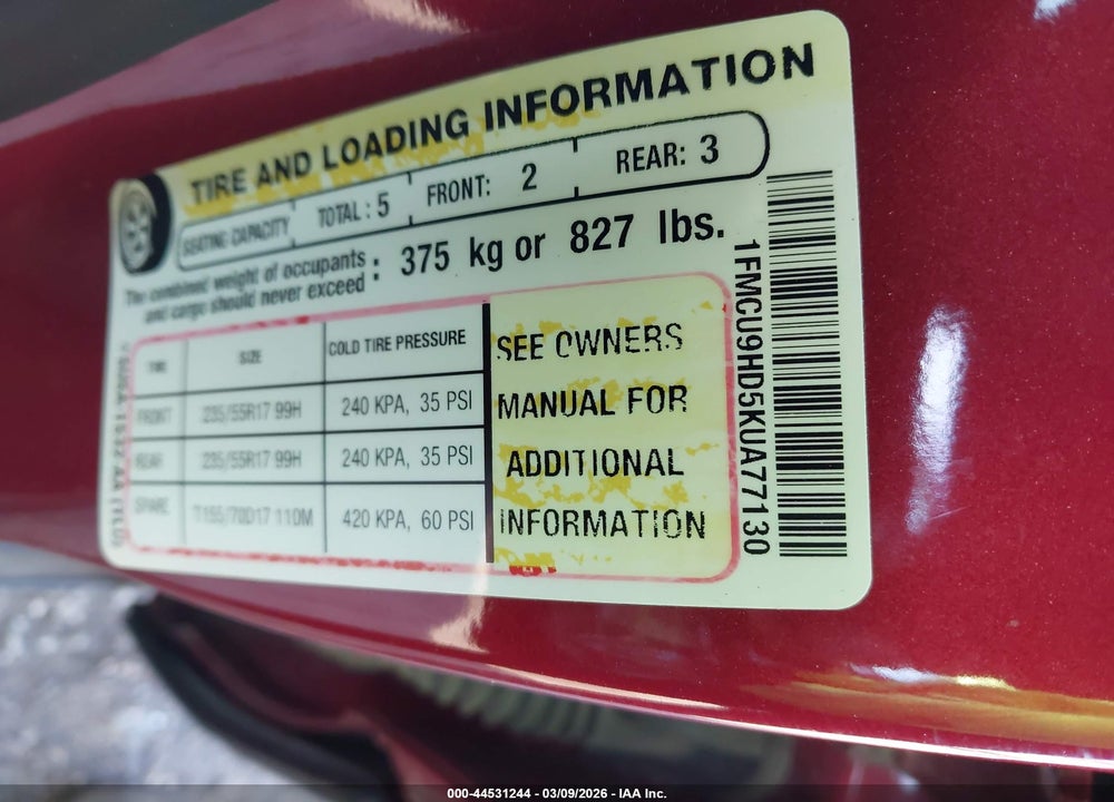 2019 FORD ESCAPE SEL VIN: 1FMCU9HD5KUA77130