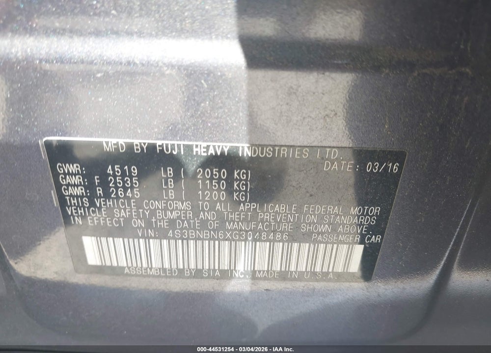 2016 SUBARU LEGACY 2.5I LIMITED VIN: 4S3BNBN6XG3048486
