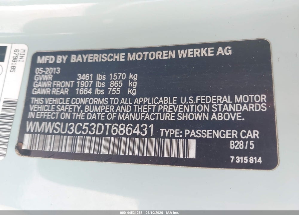 2013 MINI HARDTOP COOPER VIN: WMWSU3C53DT686431