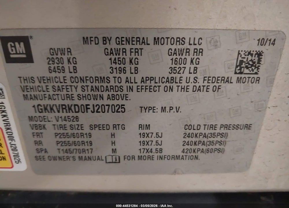 2015 GMC ACADIA SLT-1 VIN: 1GKKVRKD0FJ207025