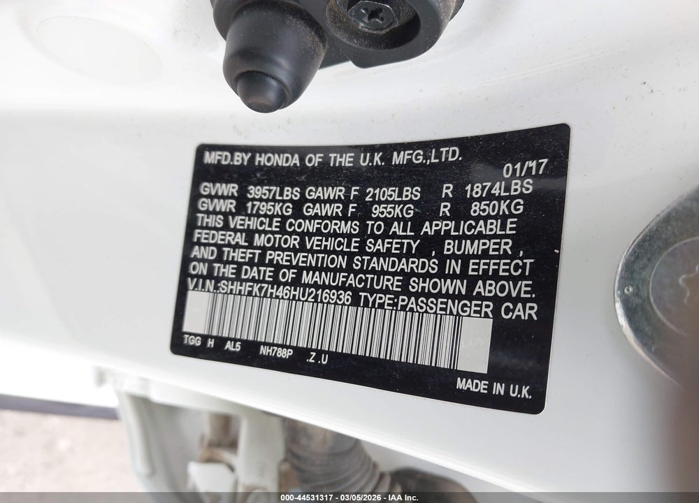 2017 HONDA CIVIC VIN: SHHFK7H46HU216936