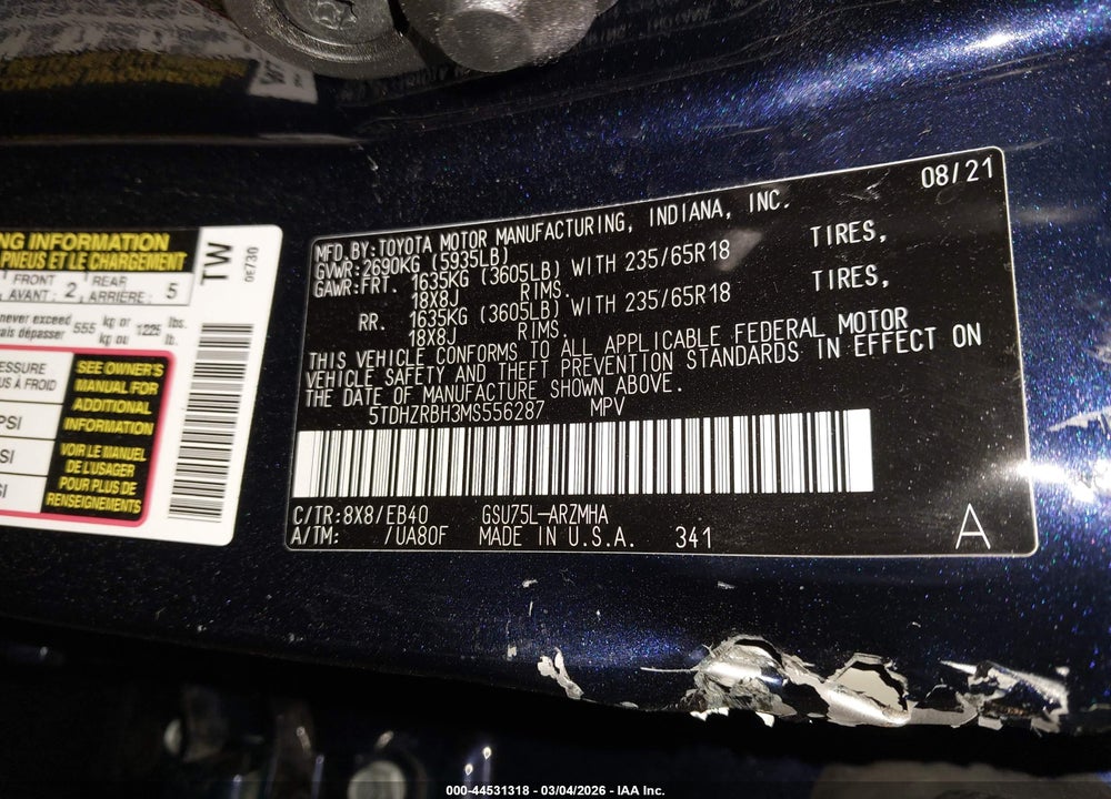 2021 TOYOTA HIGHLANDER XLE VIN: 5TDHZRBH3MS556287
