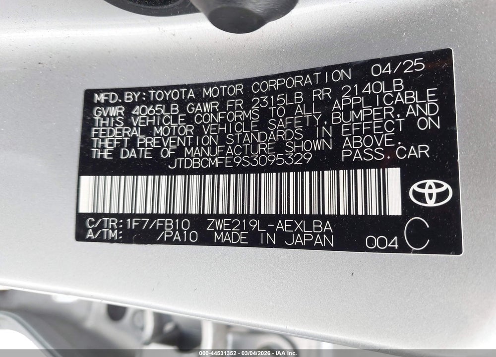 2025 TOYOTA COROLLA HYBRID LE VIN: JTDBCMFE9S3095329