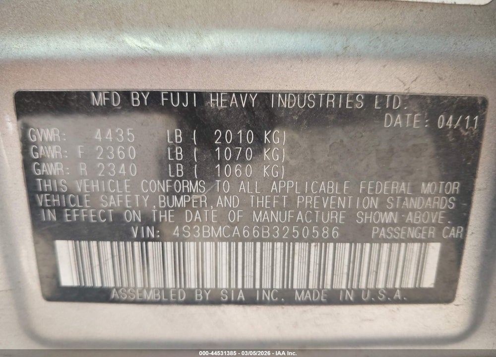 2011 SUBARU LEGACY 2.5I VIN: 4S3BMCA66B3250586