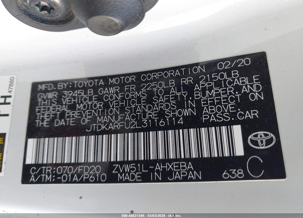 2020 TOYOTA PRIUS LE VIN: JTDKARFU2L3116114