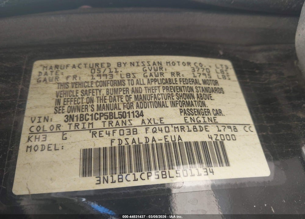 2011 NISSAN VERSA 1.8S VIN: 3N1BC1CP5BL501134