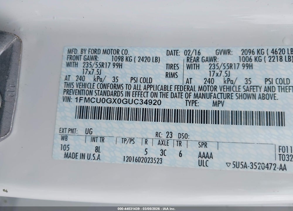 2016 FORD ESCAPE SE VIN: 1FMCU0GX0GUC34920