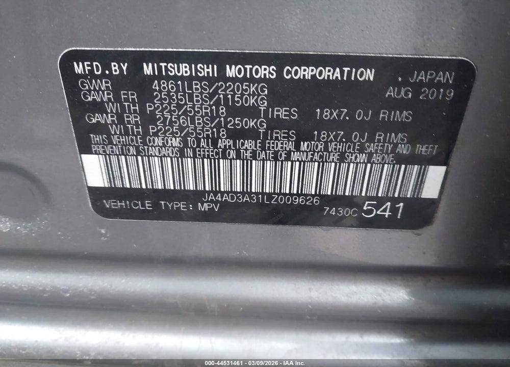 2020 MITSUBISHI OUTLANDER LE 2.4 VIN: JA4AD3A31LZ009626