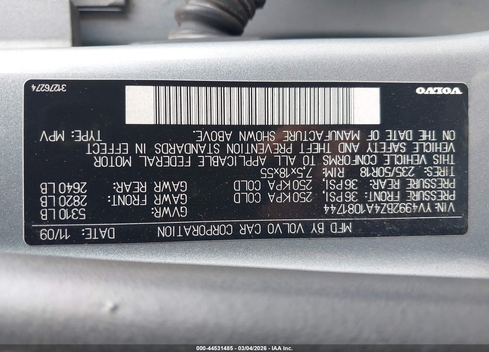 2010 VOLVO XC70 T6 VIN: YV4992BZ4A1081744