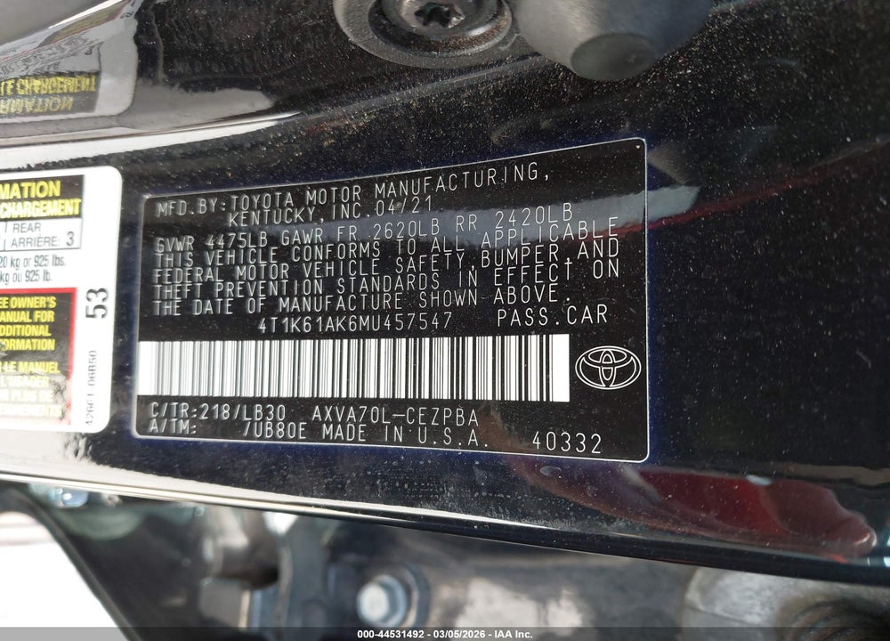 2021 TOYOTA CAMRY XSE VIN: 4T1K61AK6MU457547