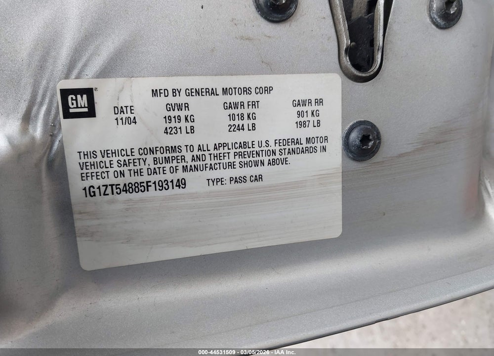 2005 CHEVROLET MALIBU LS VIN: 1G1ZT54885F193149