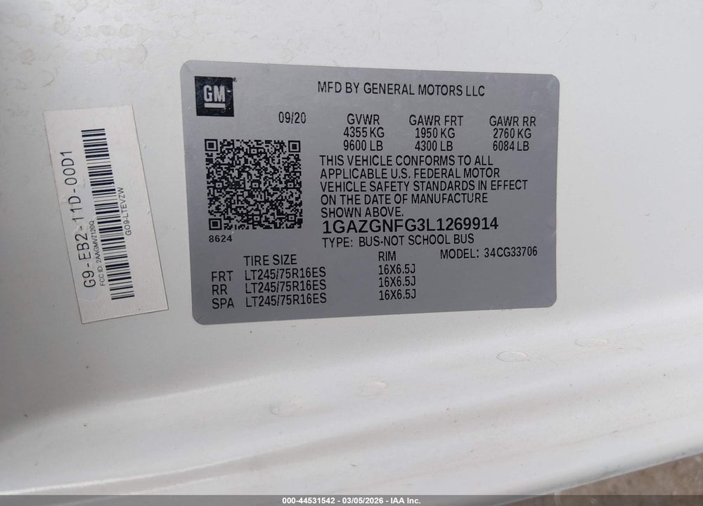 2020 CHEVROLET EXPRESS PASSENGER RWD 3500 EXTENDED WHEELBASE LS VIN: 1GAZGNFG3L1269914