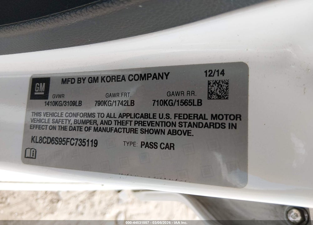 2015 CHEVROLET SPARK VIN: KL8CD6S95FC735119