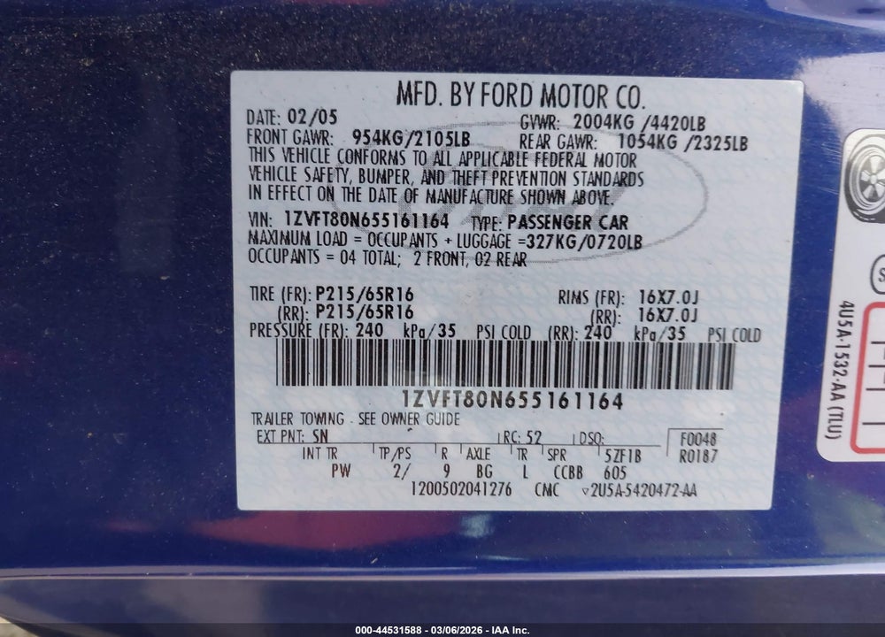 2005 FORD MUSTANG V6 DELUXE/V6 PREMIUM VIN: 1ZVFT80N655161164