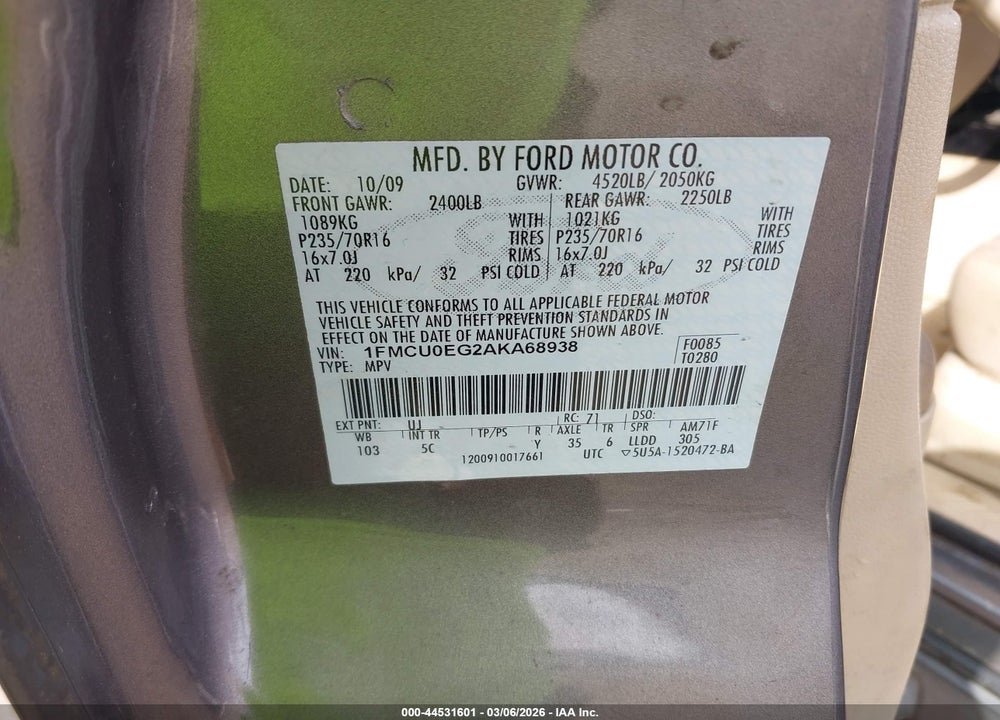 2010 FORD ESCAPE LIMITED VIN: 1FMCU0EG2AKA68938