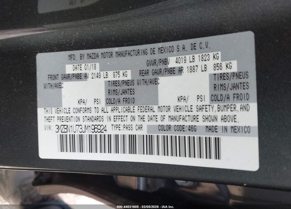 2018 MAZDA 3 SPORT VIN: 3MZBN1U73JM196924