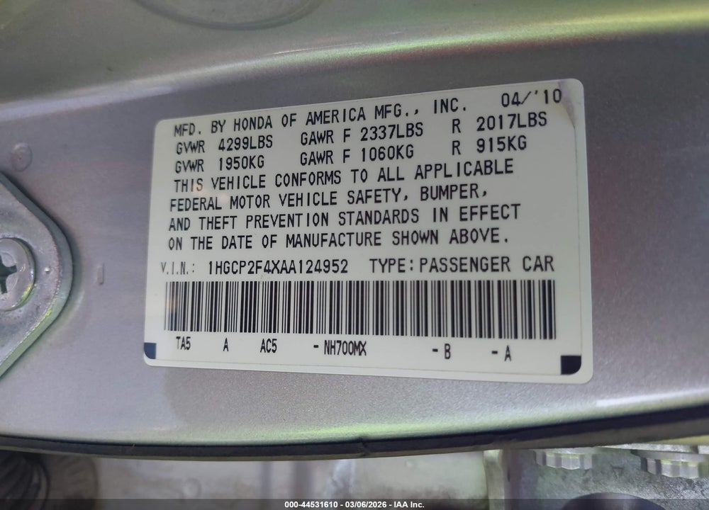 2010 HONDA ACCORD 2.4 LX-P VIN: 1HGCP2F4XAA124952